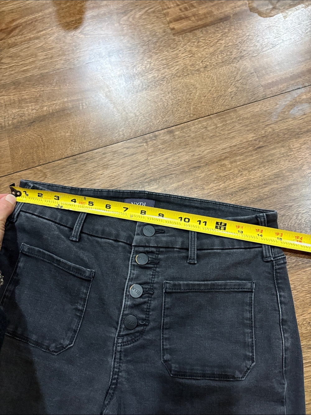 NYDJ Black Wide Leg Button Fly Ankle Jeans Trinity Stretch Raw Hems Pockets sz 6 - Picture 9 of 12